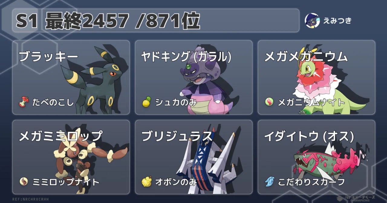 最終レート2457 /871位】ブラキンミミロップ【ポケモンチャンピオンズ