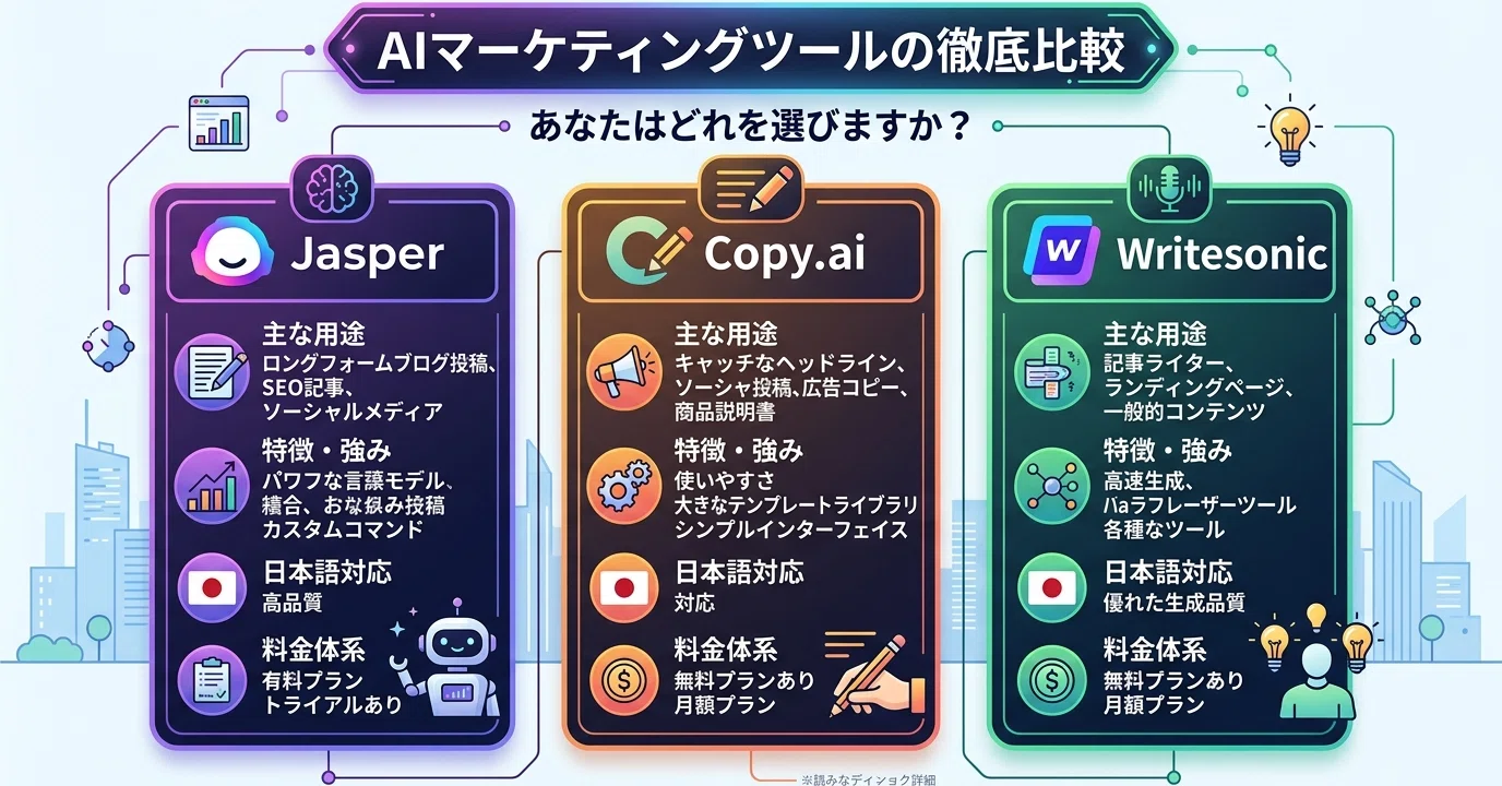 AIマーケティングツール比較｜Jasper・Copy.ai・Writesonicの使い分け