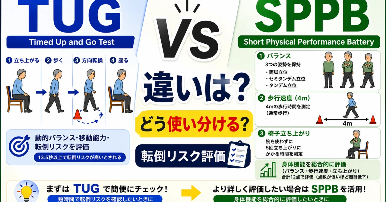 転倒リスクを見るならどっち？TUGとSPPBの違いと使い分け｜藁科孝佑｜介護予防リハ実践ノート