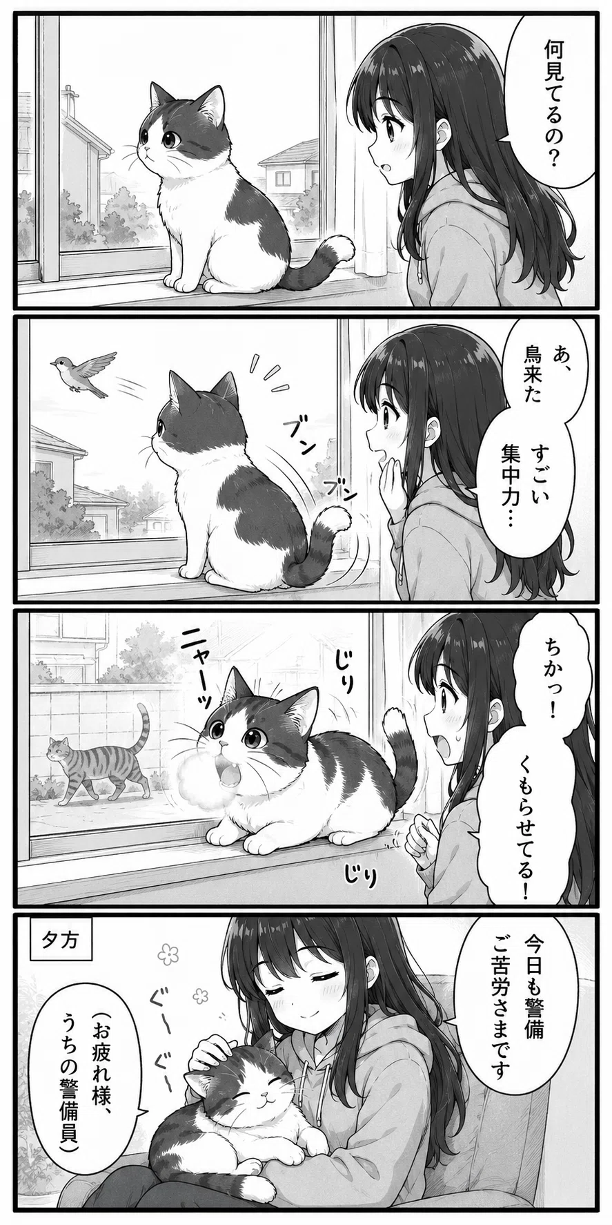4コマ漫画「うちのねこ、天才!?」 第31〜33話：窓の外警備員
