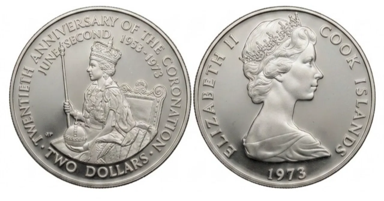 至高の鏡面】1973年クック諸島エリザベス2世戴冠20周年記念2ドル銀貨の