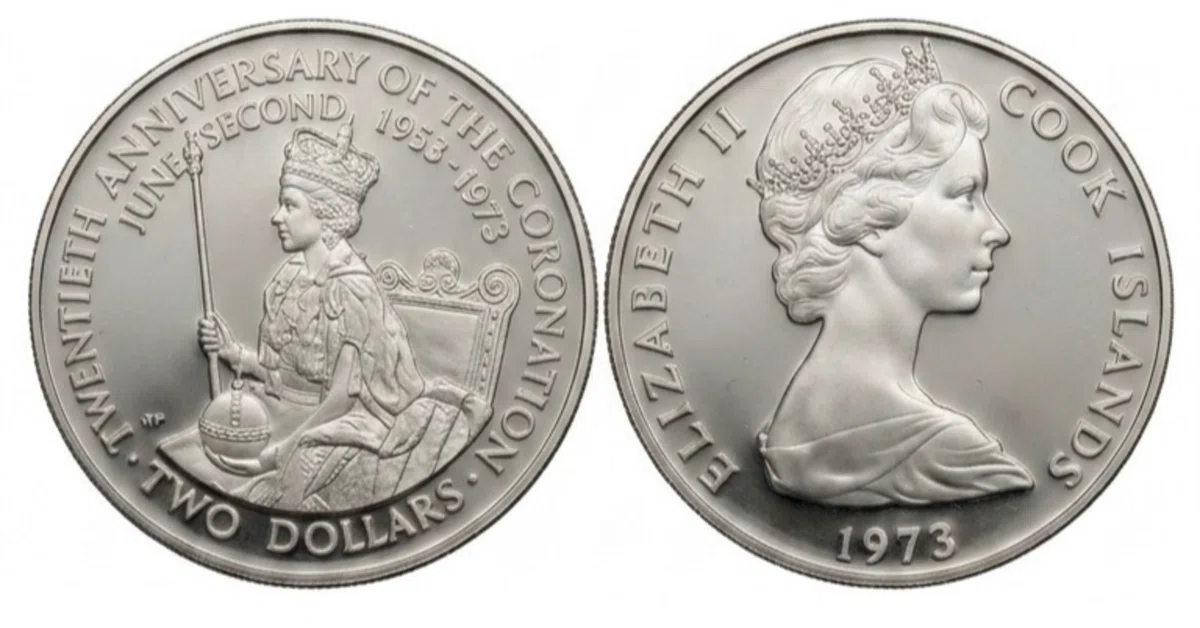 至高の鏡面】1973年クック諸島エリザベス2世戴冠20周年記念2ドル銀貨の