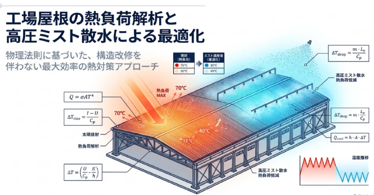 省エネ》：工場屋根の熱負荷解析と高圧ミスト散水による最適化：技術