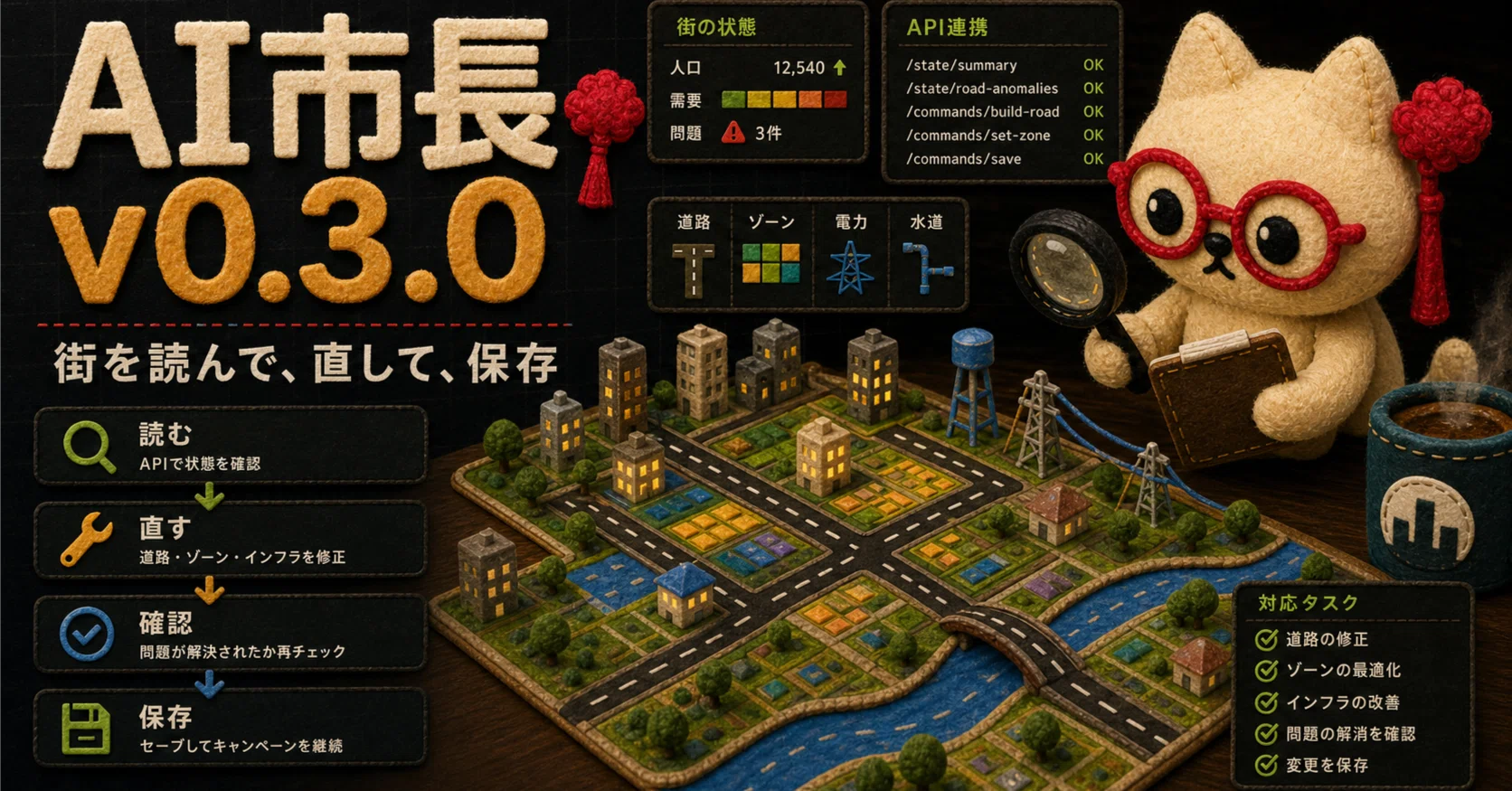 v0.3.0 リリース内容: AI市長が街を読み、直し、保存できるようになり