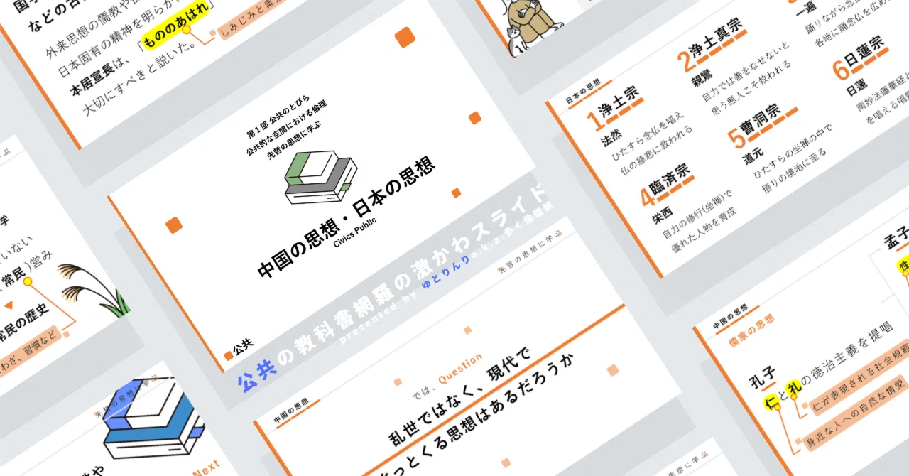 【公共のスライド】「先哲の思想に学ぶ３(中国の思想・日本の思想)」の授業を楽しむための、授業パワポ【指導案】｜ゆとりんり