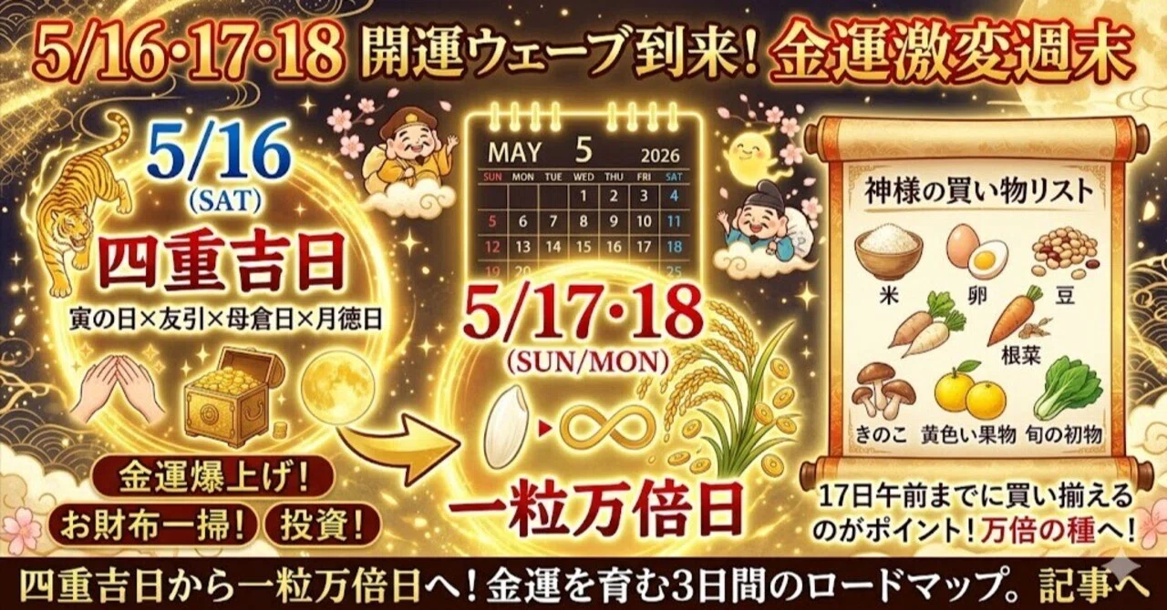 5/16-5/18開運】四重吉日から一粒万倍日へ！金運を激変させる7つの行動 