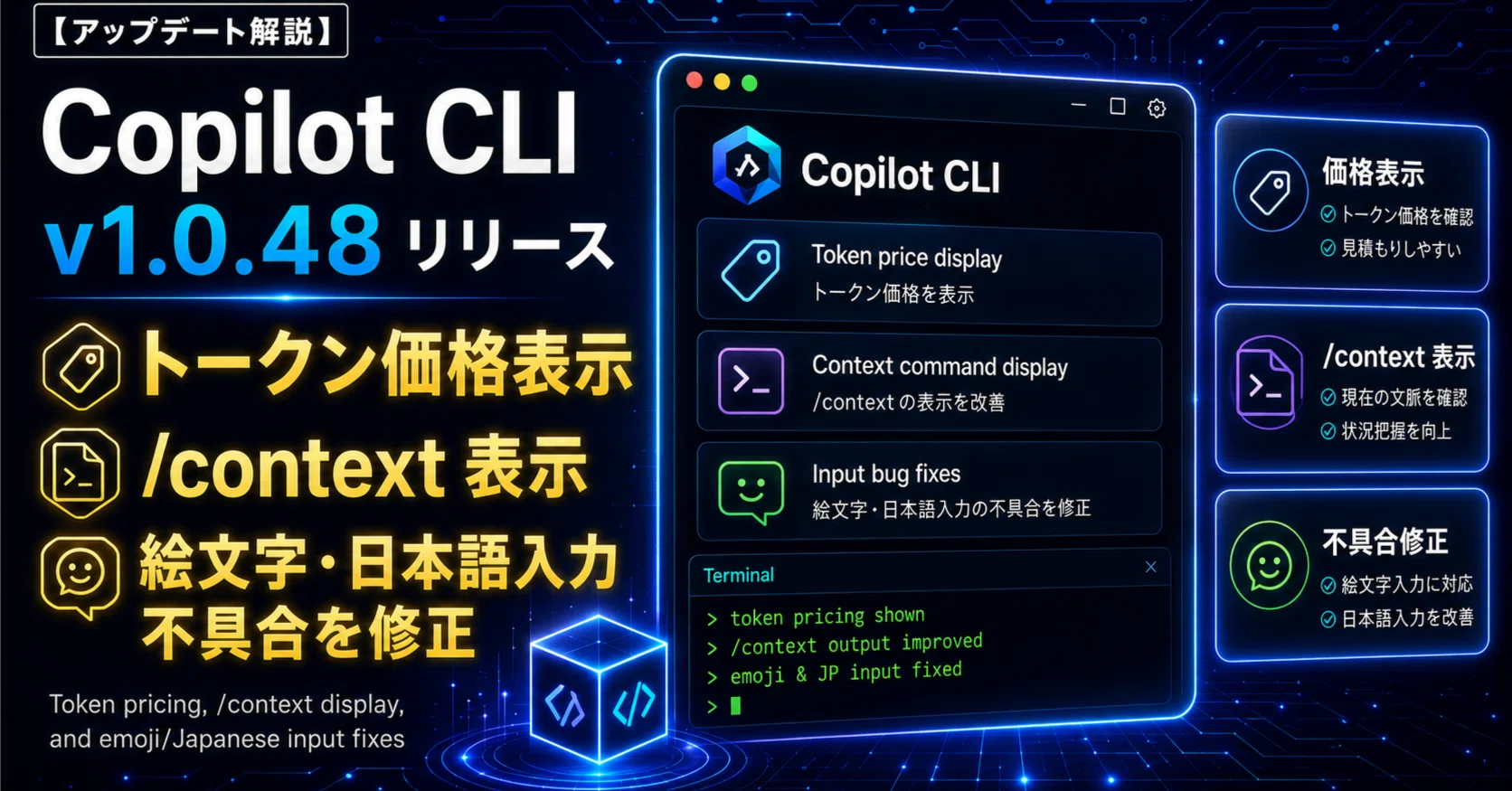 Copilot CLI v1.0.48リリース｜トークン価格表示、/context表示