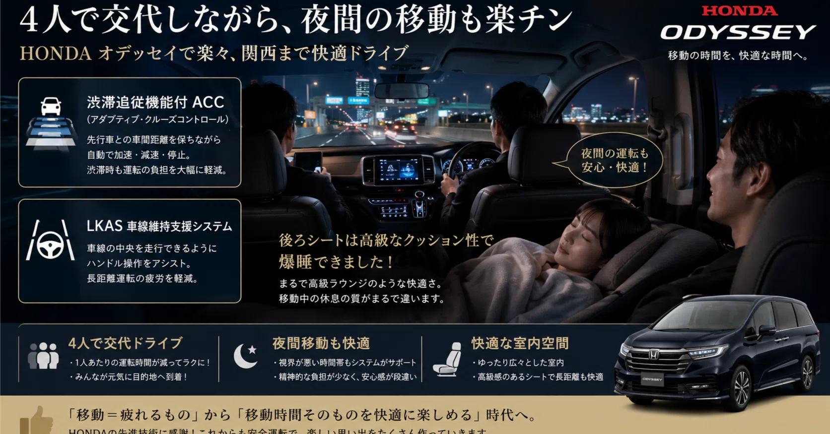移動そのものがラク」な時代へ。HONDA オデッセイで関西まで快適移動