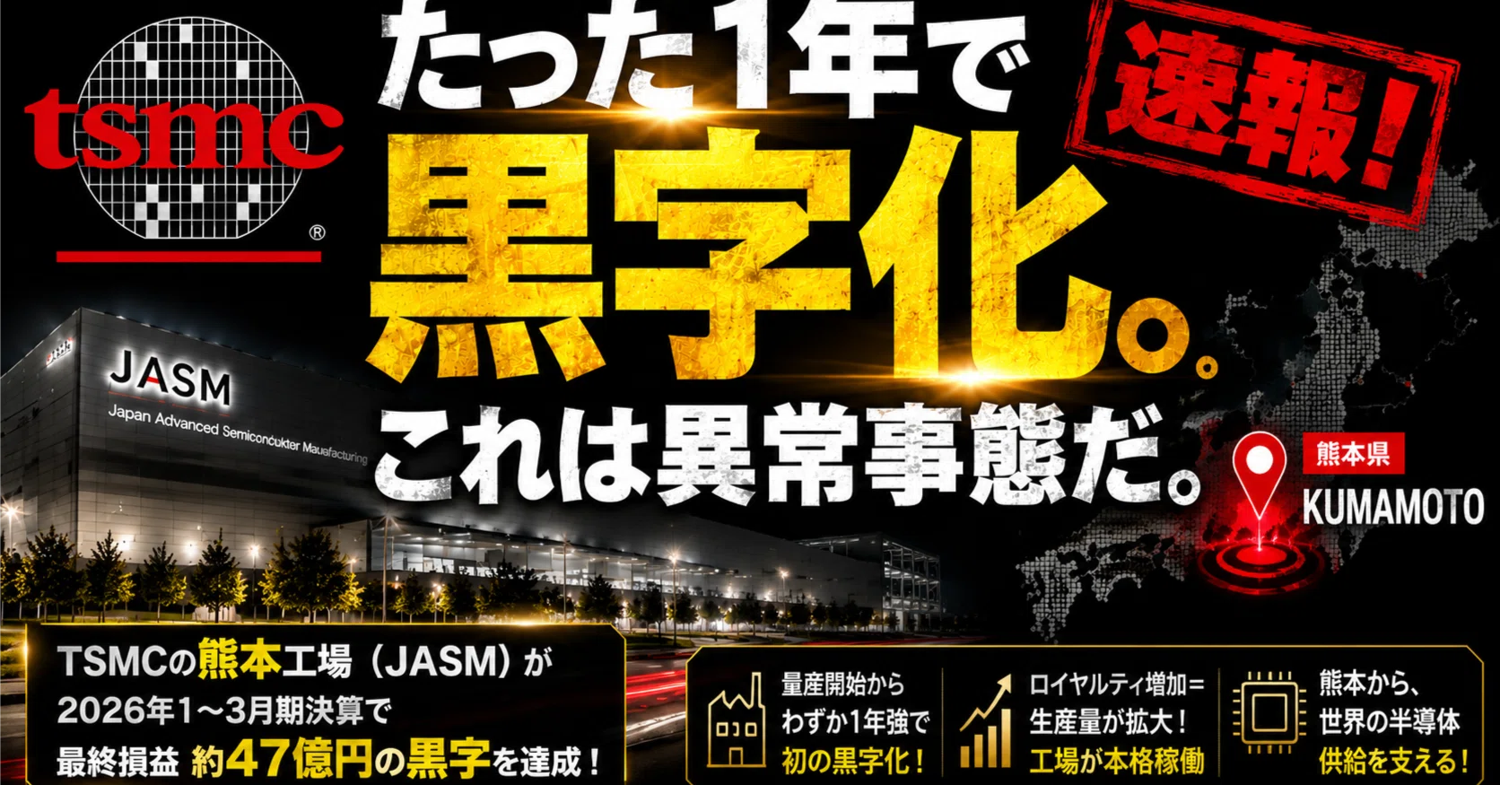 速報！TSMC熊本、工場ができてたった1年で黒字化！これ、異常です