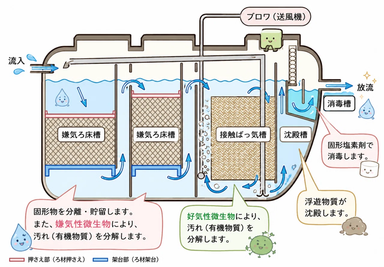 浄化槽修理 構造例示型（構造基準型）でよくある修理ろ材押さえ・架台