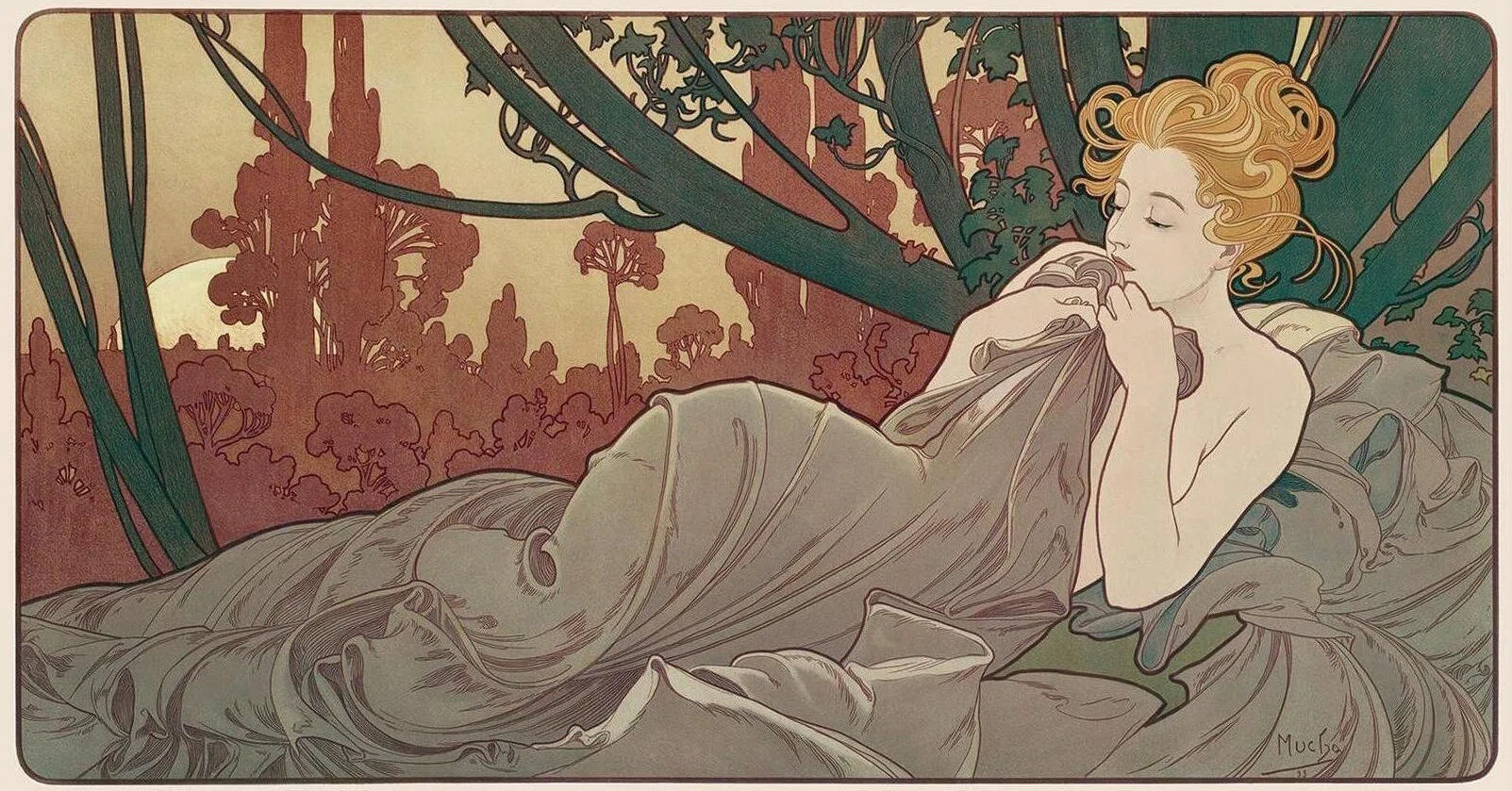 ミュシャ『黄昏（Dusk/Twilight）』リトグラフ(172/300) The setting sun and the sigh of a goddess falling into slumber