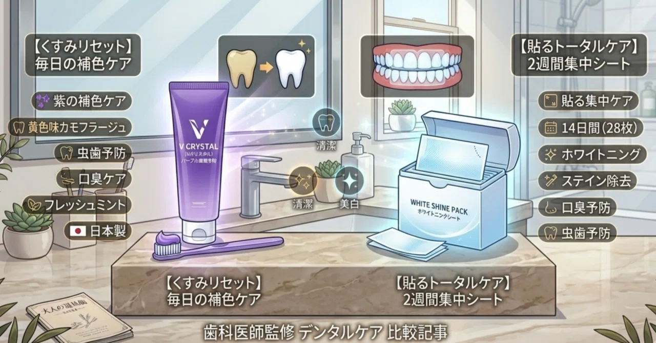白い歯の美学】紫の補色で魅せる「V CRYSTAL」vs 貼る集中ケア「WHITE
