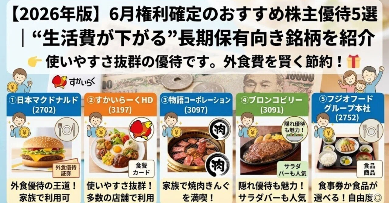 【2026年版】6月権利確定のおすすめ株主優待5選｜“生活費が下がる”長期保有向き銘柄を紹介｜リノキア｜1億円貯めてFIREを目指すnote