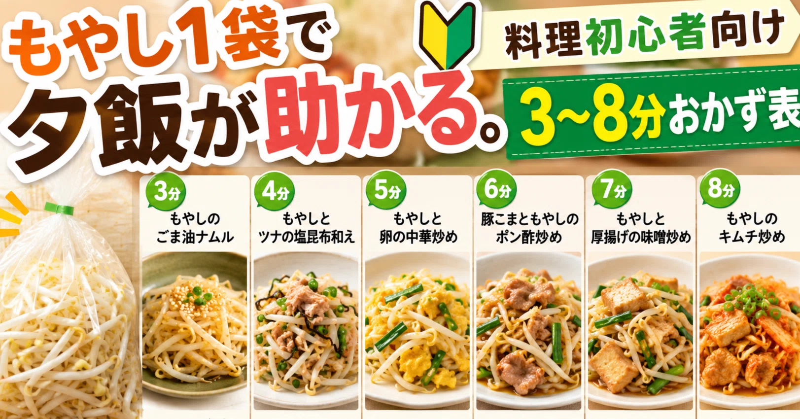 もやし1袋で夕飯が助かる。料理初心者向け3〜8分おかず表｜はる 
