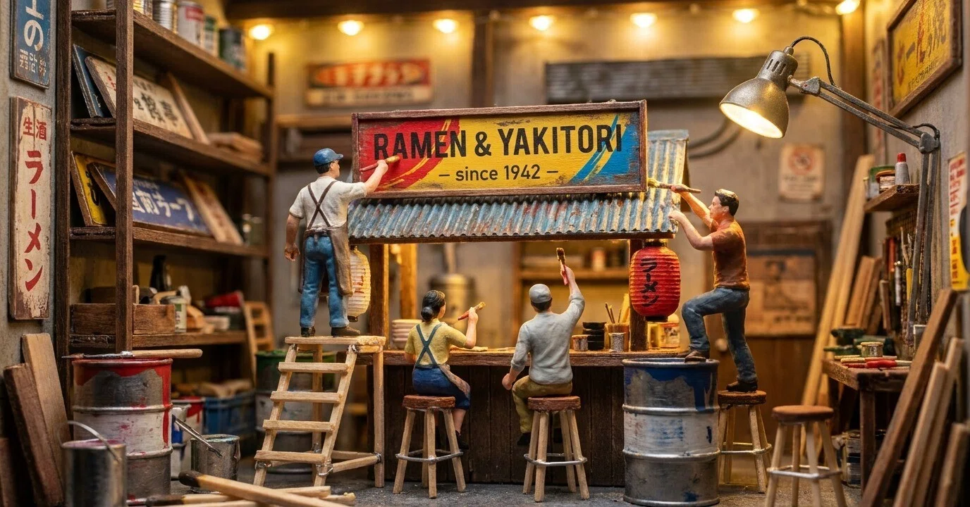 ミニチュア　店の片隅　オブジェ　ジオラマ ミニチュア・ジオラマの世界が好きな人へ。 今回、新しく 「工房で看板