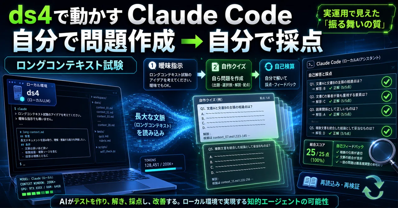 ds4 で動かす Claude Code に「ロングコンテキスト試験のアイデアくれ」と振ったら、自分で問題作って自分で採点していた話｜ながた