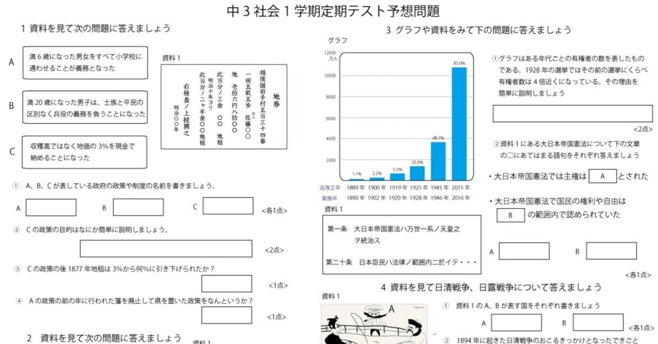 中学3年社会（歴史）1学期定期テスト予想問題｜ブリッジぷりんと