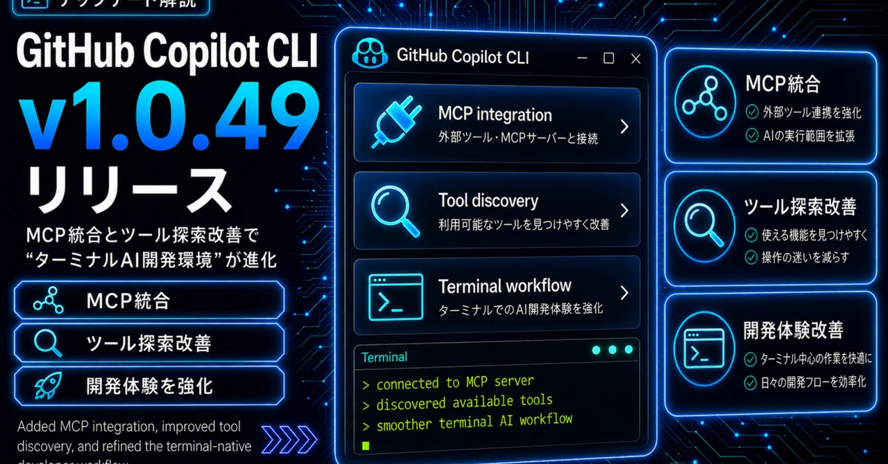 GitHub Copilot CLI v1.0.49リリース｜MCP統合とツール探索改善で“ターミナルAI開発環境”が進化｜UKI ｜データ ...