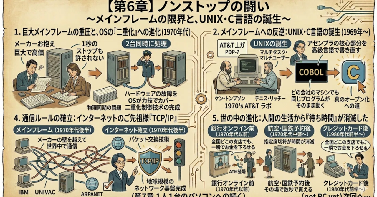 【第6章】ノンストップの闘い 〜メインフレームの限界と、UNIX・C言語の誕生〜｜tamani.manabu