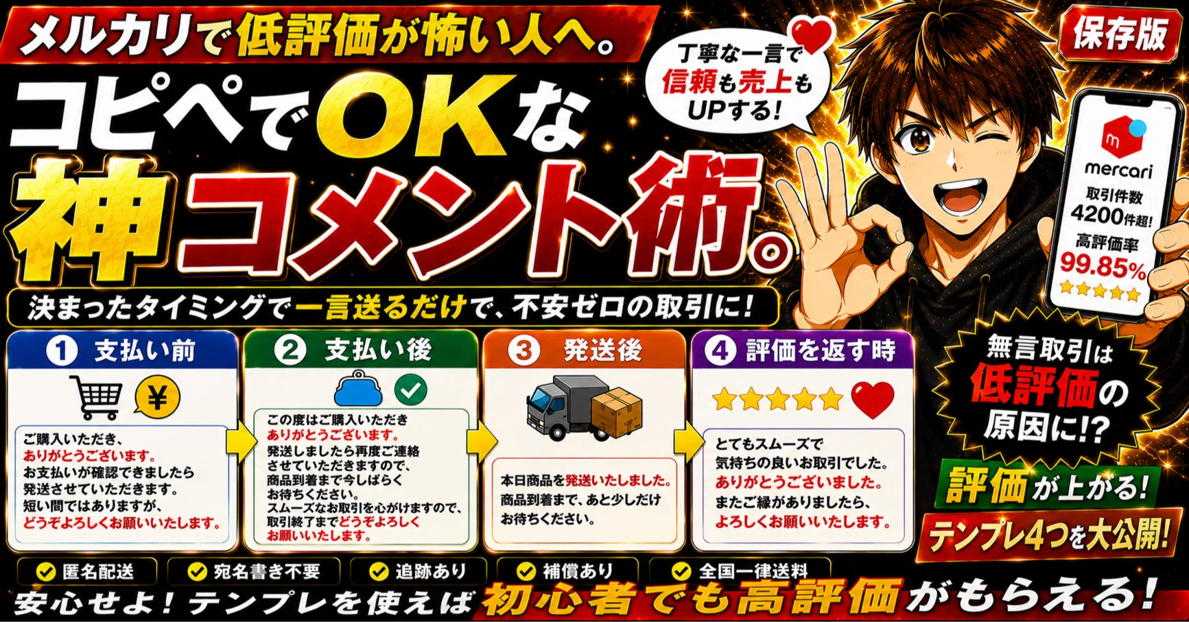 コメント前購入→低評価 メルカリで低評価が怖い人へ。コピペでOKな神コメント術。｜メルカク