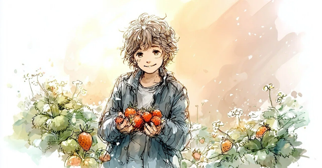 AIイラスト]いちごを持った子ども｜みぽぽ