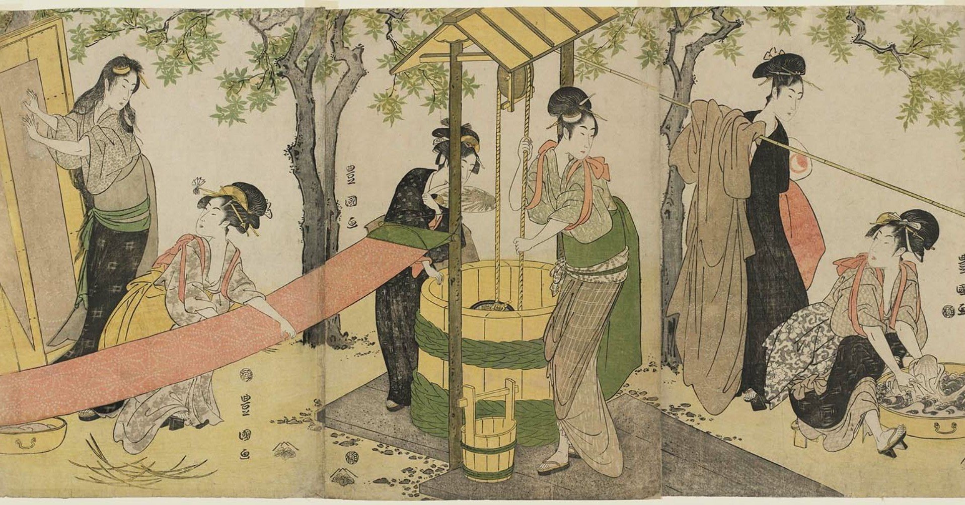 豊国画　浮世絵 女性と子供の風景 豊国画浮世絵 女性と子供の風景