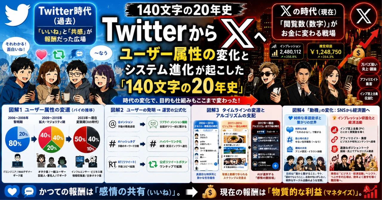 図解】TwitterからXへ：ユーザー属性の変化とシステム進化が起こした