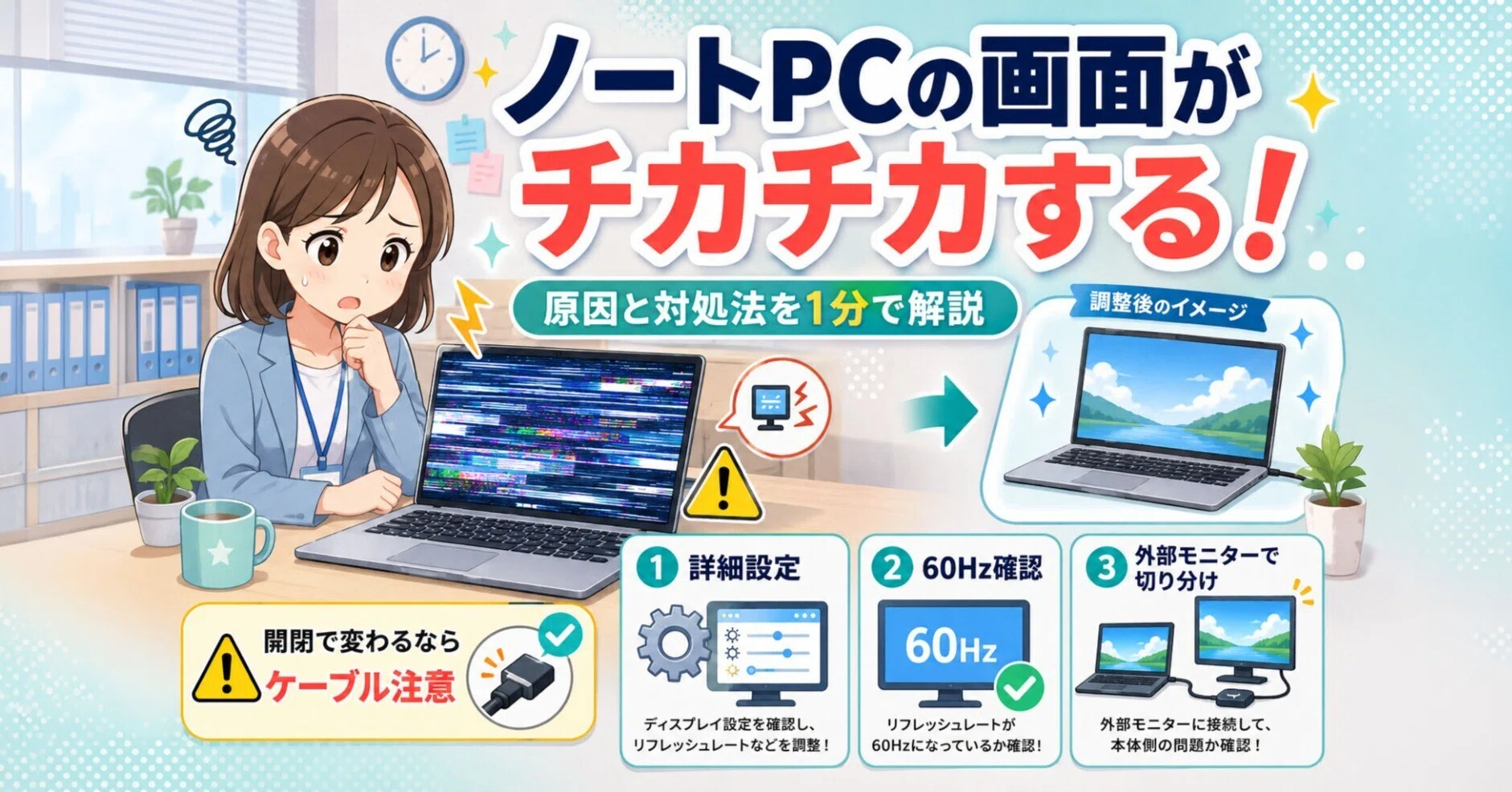 ノートPCの画面がチカチカする・乱れる原因は？液晶トラブルの対処法と