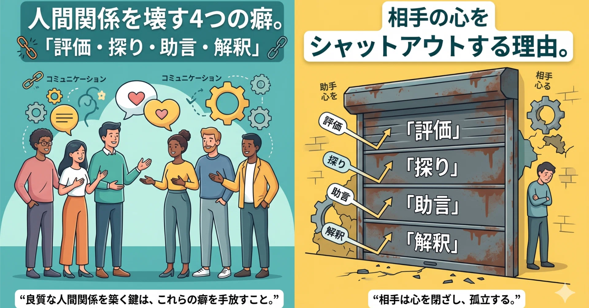 人間関係を壊す4つの癖。「評価・探り・助言・解釈」が相手の心を