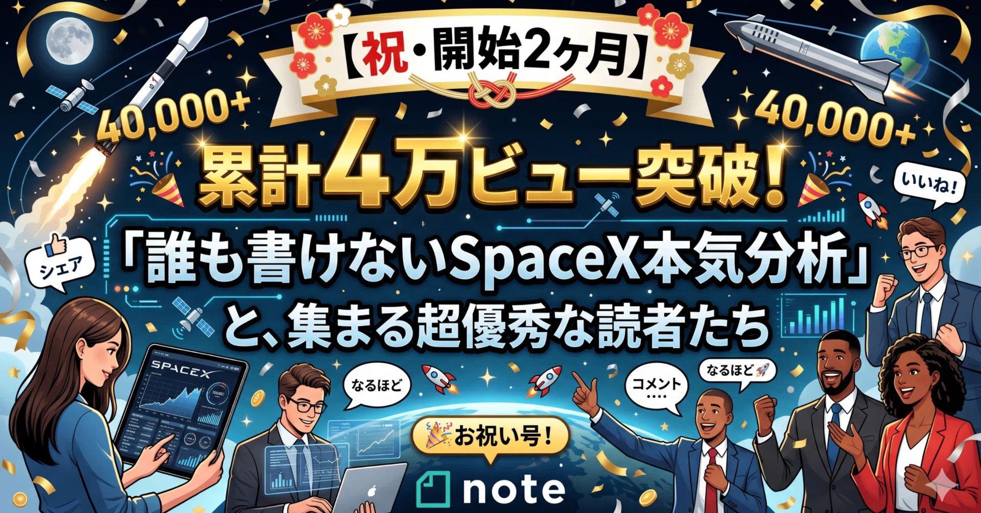 🎊【祝・開始2ヶ月】累計4万ビュー突破！「誰も書けないSpaceX本気分析