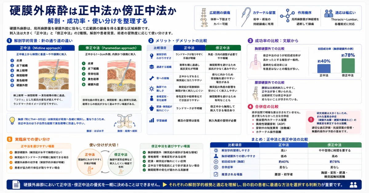 硬膜外麻酔は正中法か傍正中法か：解剖・成功率・使い分けを整理する