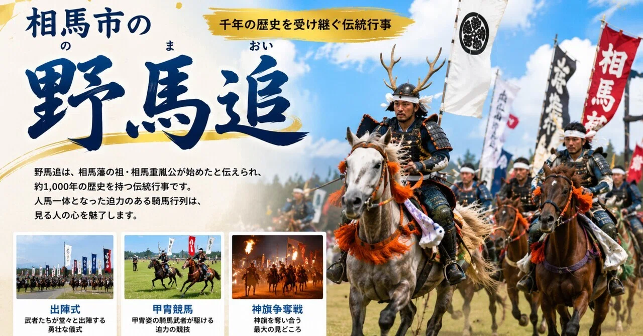 相馬野馬追絵　武士と馬の行列 印刷物 目の前に合戦場が広がった野馬追【福島県相馬市】｜安河内哲也 情報