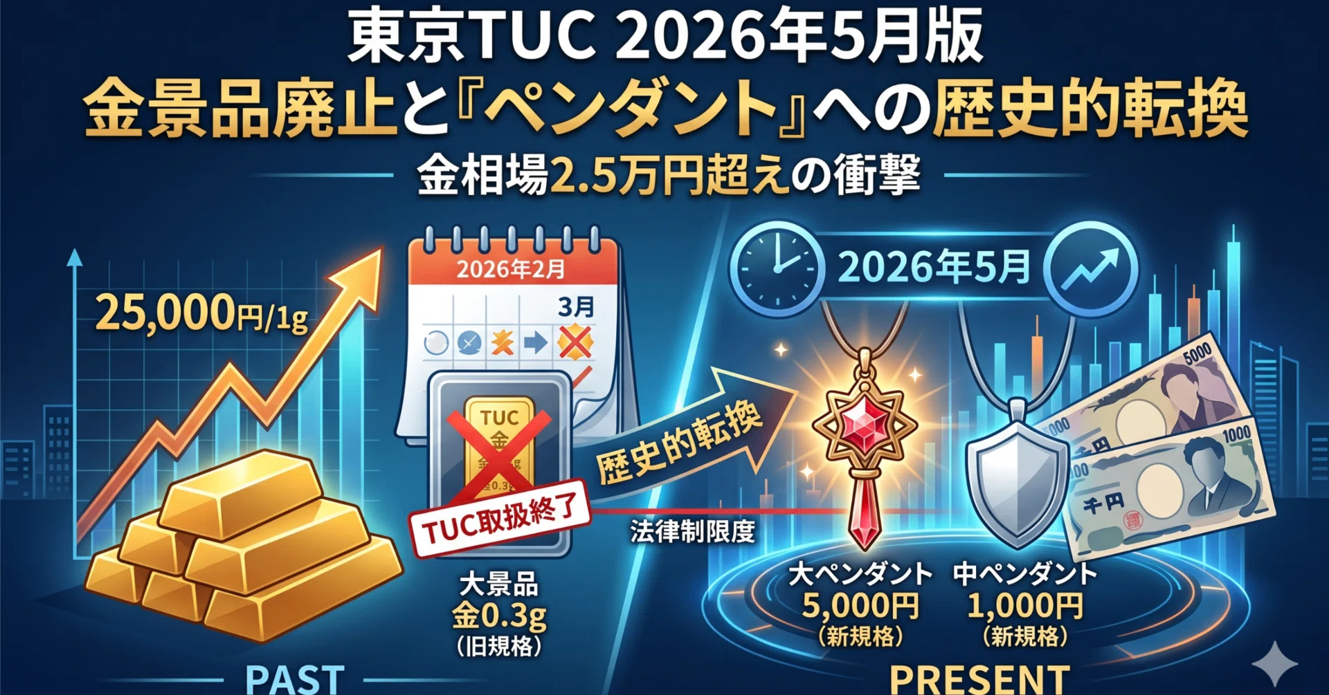 東京のTUCショップ「景品買取価格」の推移と金1g相場の比較（2026年5月