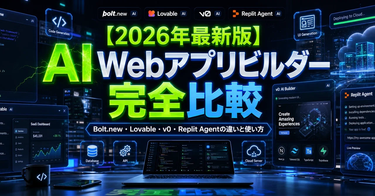 【2026年最新版】AI Webアプリビルダー完全比較｜Bolt.new・Lovable・v0・Replit Agentの違いと使い方