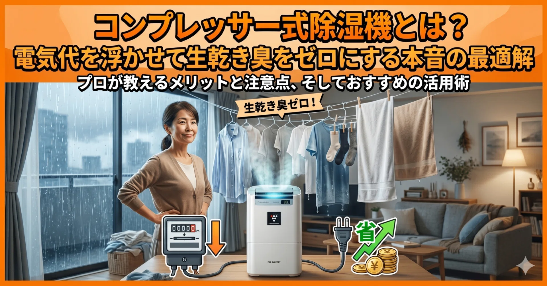 コンプレッサー式なので電気代も抑えれてオススメ、SHARP衣類乾燥除湿機 コンプレッサー式除湿機とは？電気代を浮かせて生乾き臭をゼロにする