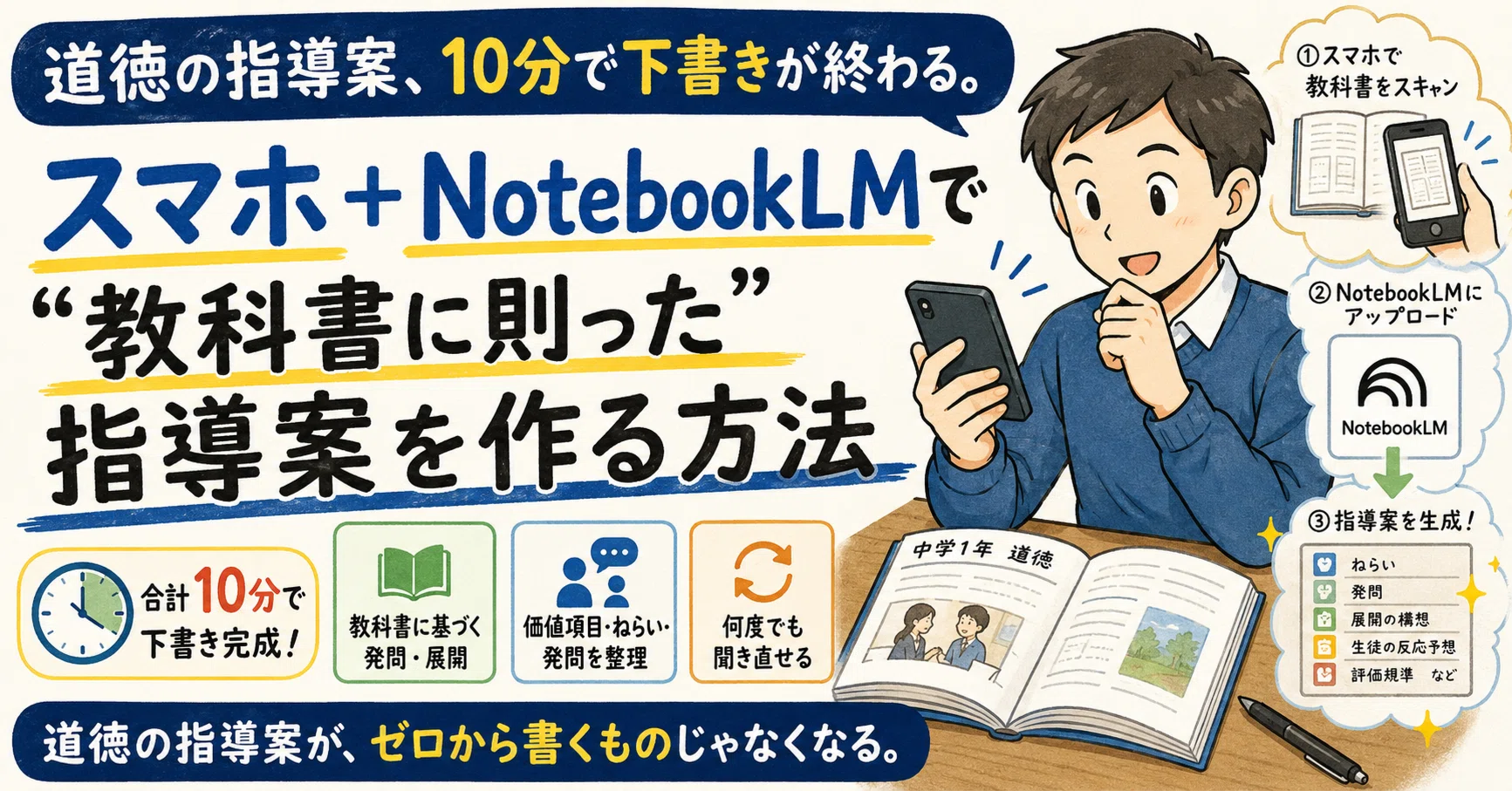 道徳の指導案、10分で下書きが終わる。スマホ＋NotebookLMで「教科書に