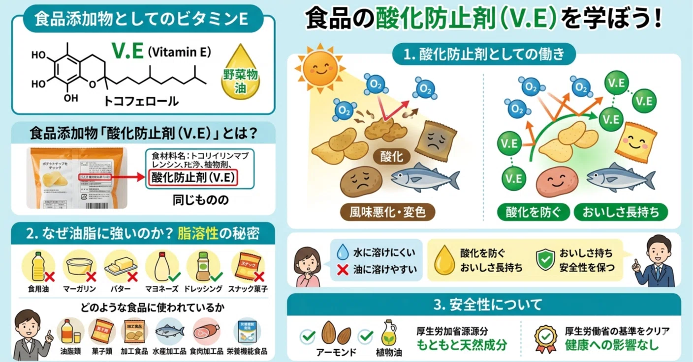 酸化防止剤（V.E）」は、ビタミンEのことです。「V.E」は Vitamin E の 