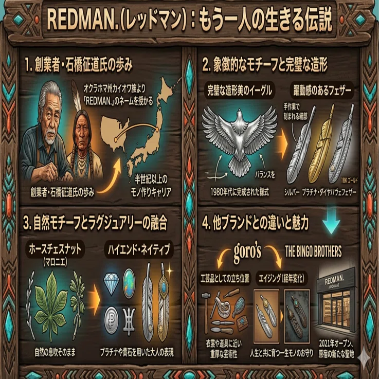 Redman レッドマン 石橋さん手作り試作品ビンテージフェザー ネイティブ系アクセサリー(インディアンジュエリー)『REDMAN.（レッド