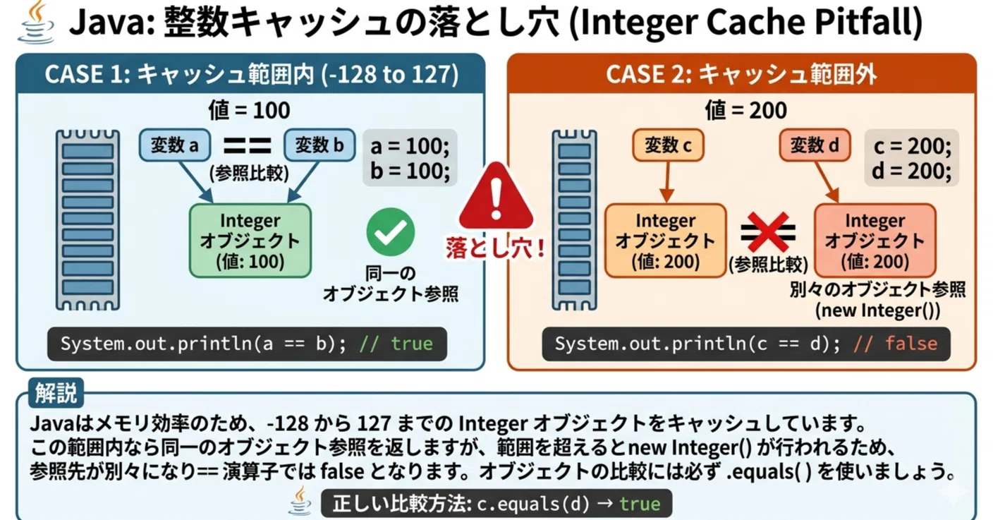 Javaの落とし穴 Java: 整数キャッシュの落とし穴（100は同じなのに200は違う？）｜早々
