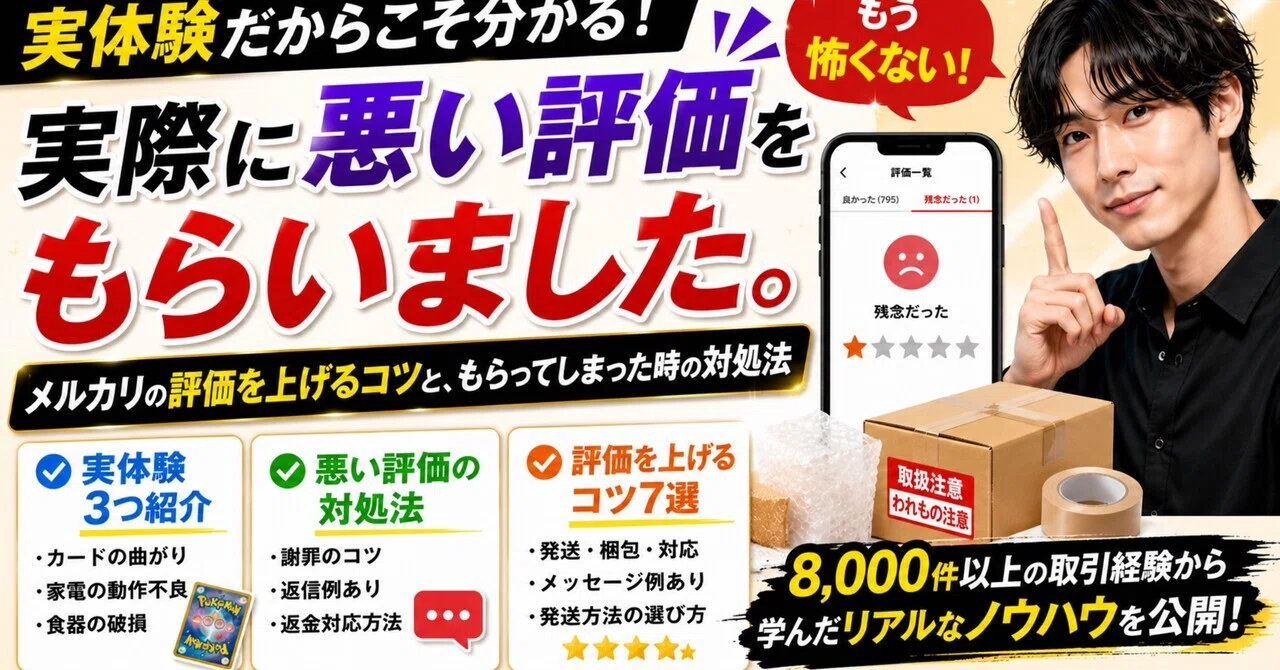実際に悪い評価をもらいました。メルカリの評価を上げるコツと