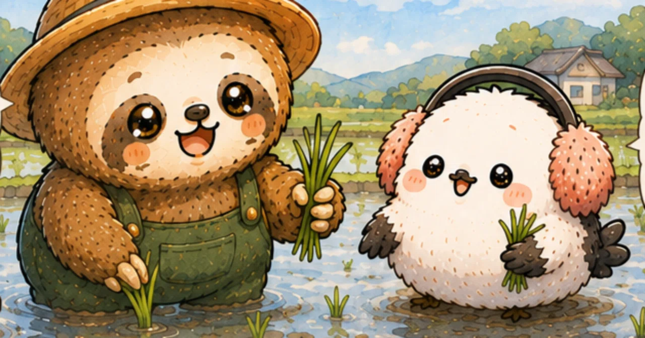 ちびナマケちゃんとシマエナガ、田植えをする✨️｜さくら咲くra