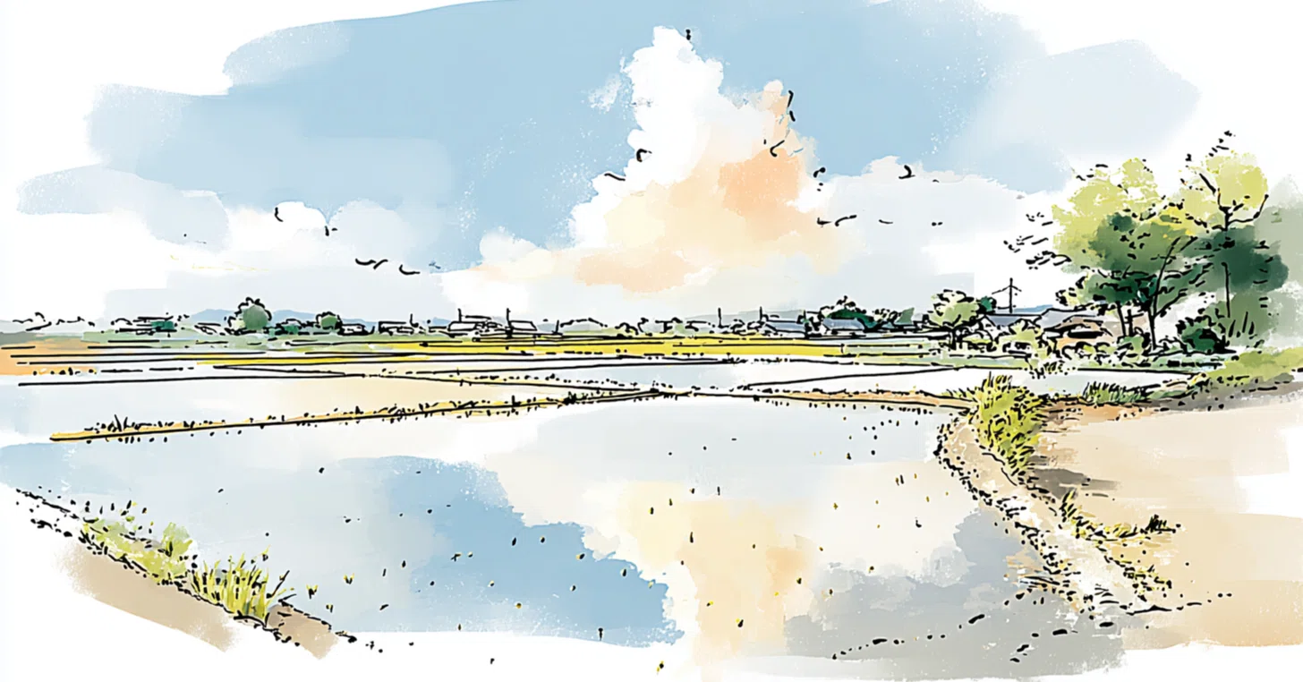 田園風景の水鏡／原画 🌹田んぼの水鏡｜田んぼリフレクション｜人生の午後｜日本の田舎の景色