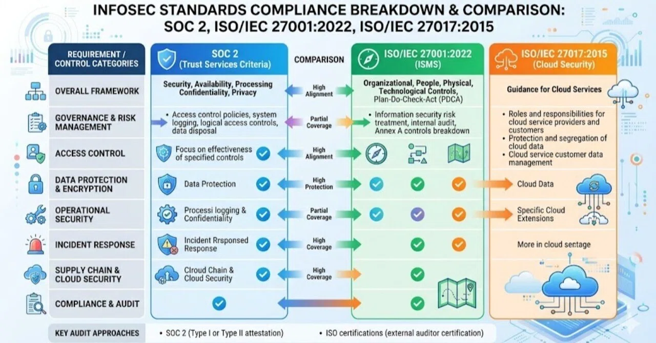 SOC 2、ISO/IEC 27001:2022（ISMS）、およびISO/IEC 27017:2015要求