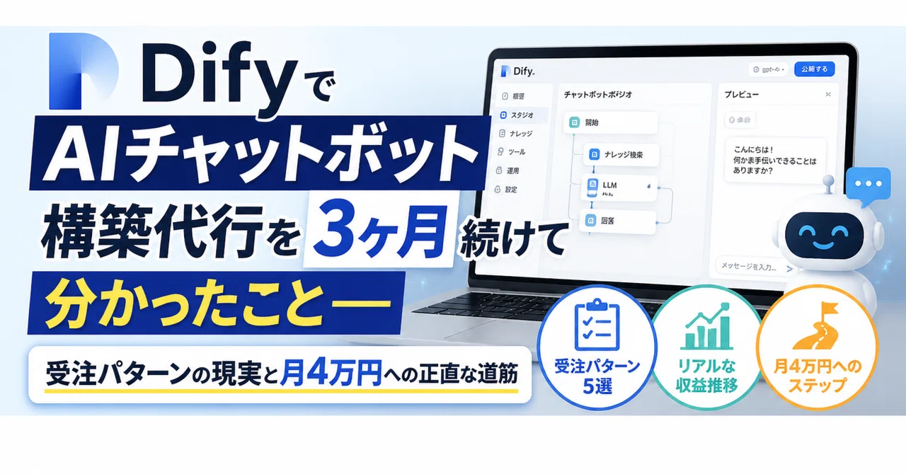 DifyでAIチャットボット構築代行を3ヶ月続けて分かったこと——受注パターンの現実と月4万円への正直な道筋