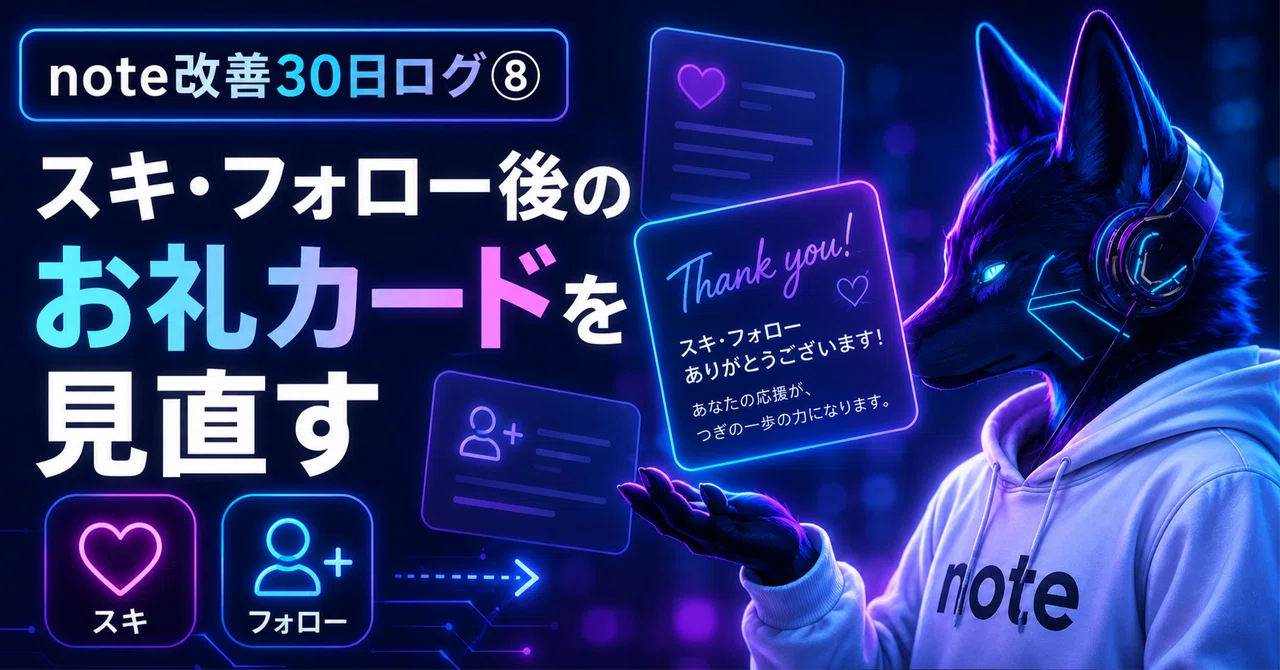 note改善30日ログ⑧|スキ・フォロー後の“お礼カード”を見直す|きつね|会社員SEのnote改善ログ