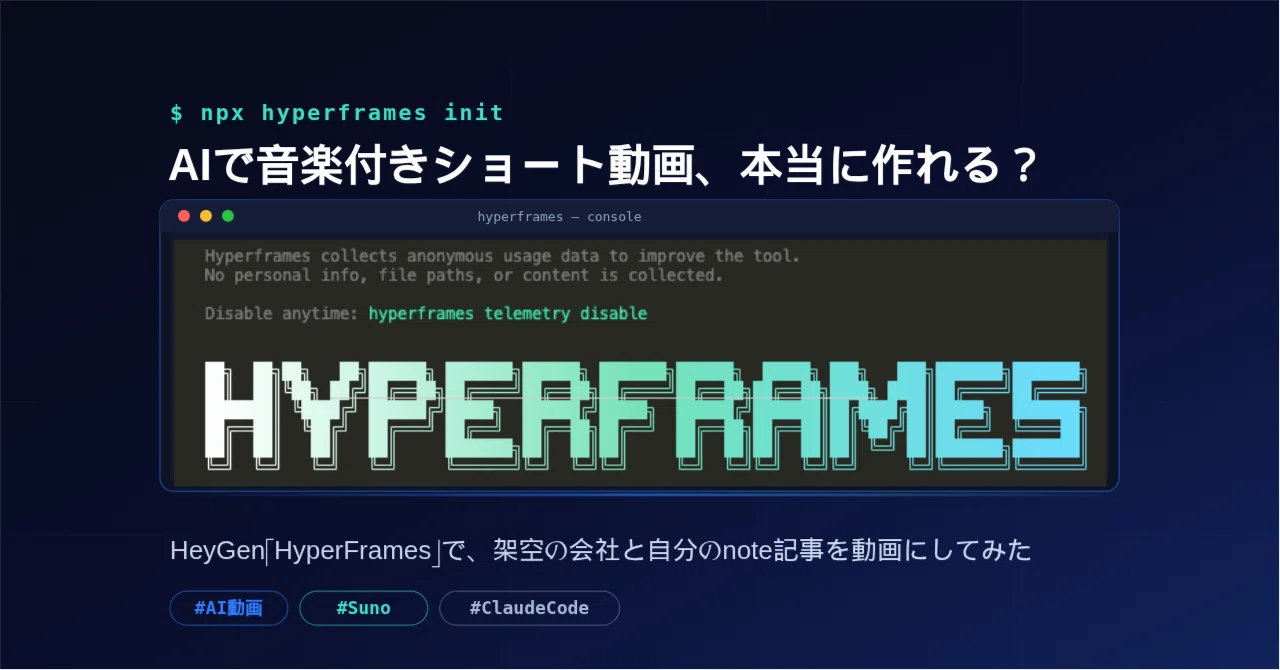 AIで音楽付きショート動画、本当に作れる？——HeyGen「HyperFrames」で架空の会社と自分のnote記事を動画化してみた