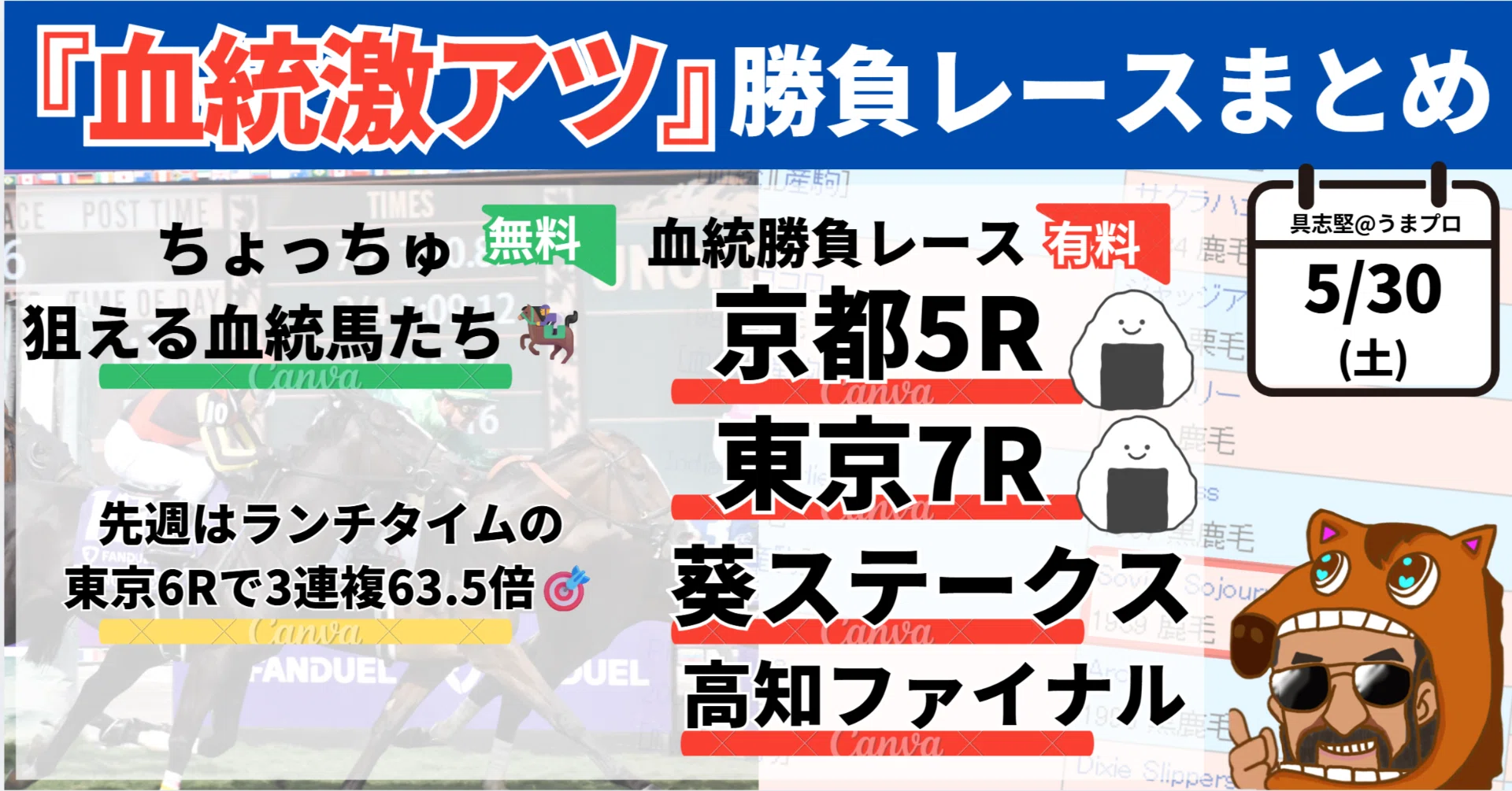 5/30(土)血統勝負レース一覧＋ちょっちゅ使える血統辞典該当馬一覧