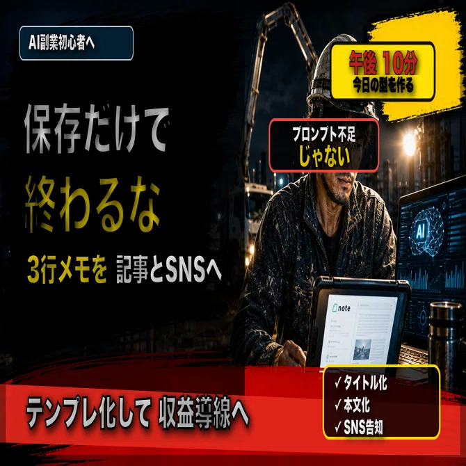 3行メモをnote本文とSNS投稿に変えるテンプレ。AI副業初心者が午後に