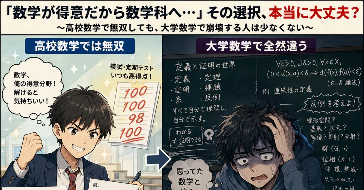高校数学で 点数取れたからって 数学科にいくのは危険 まあ 超一流進学校の生徒ならしっているから大丈夫だけど そこそこの進学校から数学得意で数学か行っても 全然ちゃうやん になる東大は安全 理科一類で Toruna