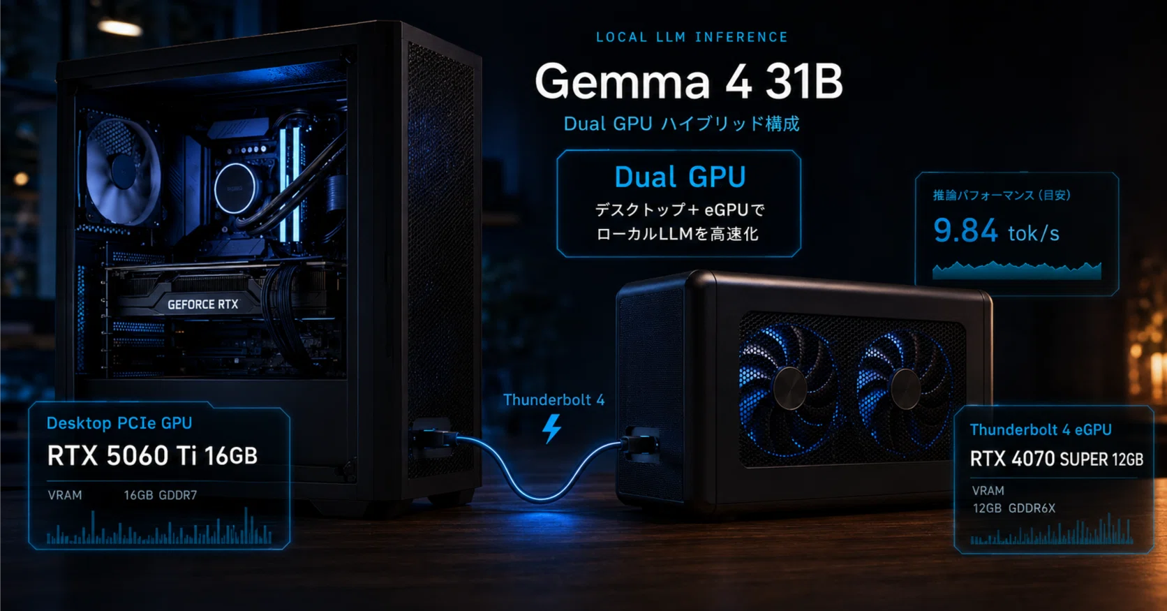 RTX 5060 Ti＋外付け4070 SUPERでGemma 4 31Bを動かす：Thunderbolt 4